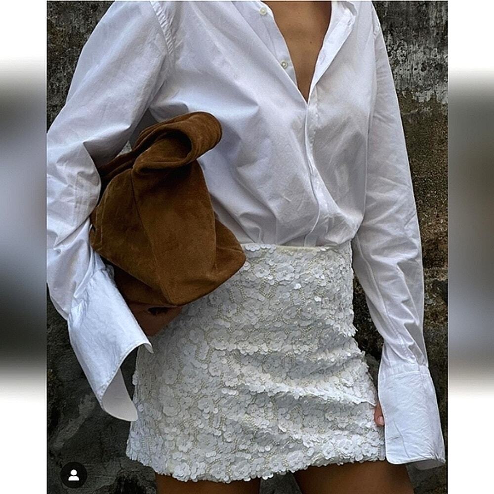 Zara White Floral Sequin Beaded Mini Skirt High Waist Bridal Party Cocktail Chic